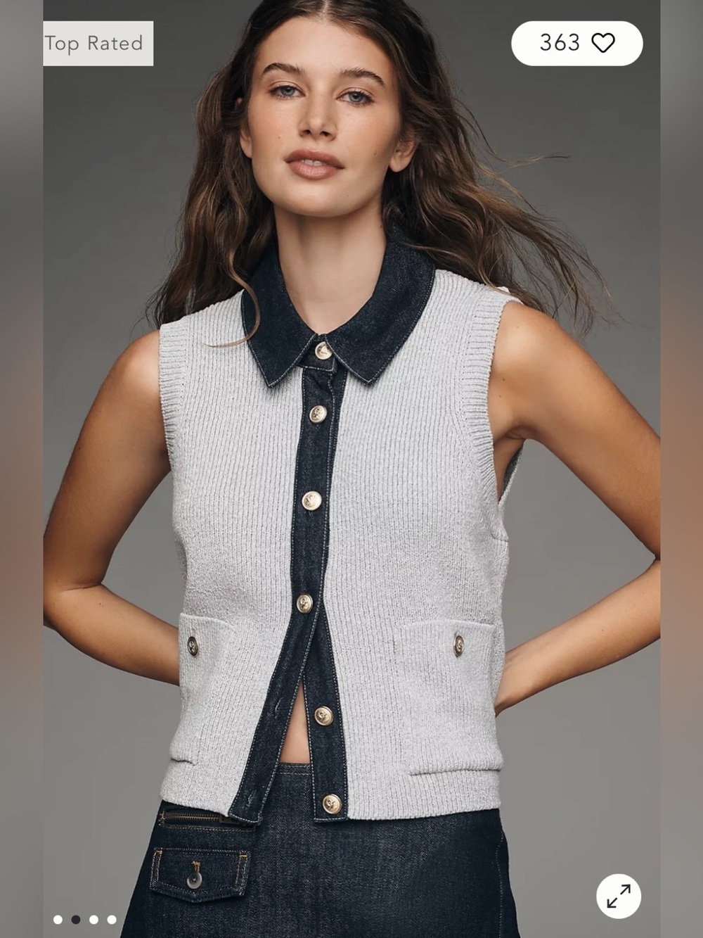 Maeve/Anthropologie Denim Mixed Media Sweater Vest in Grey Size S. NWOT